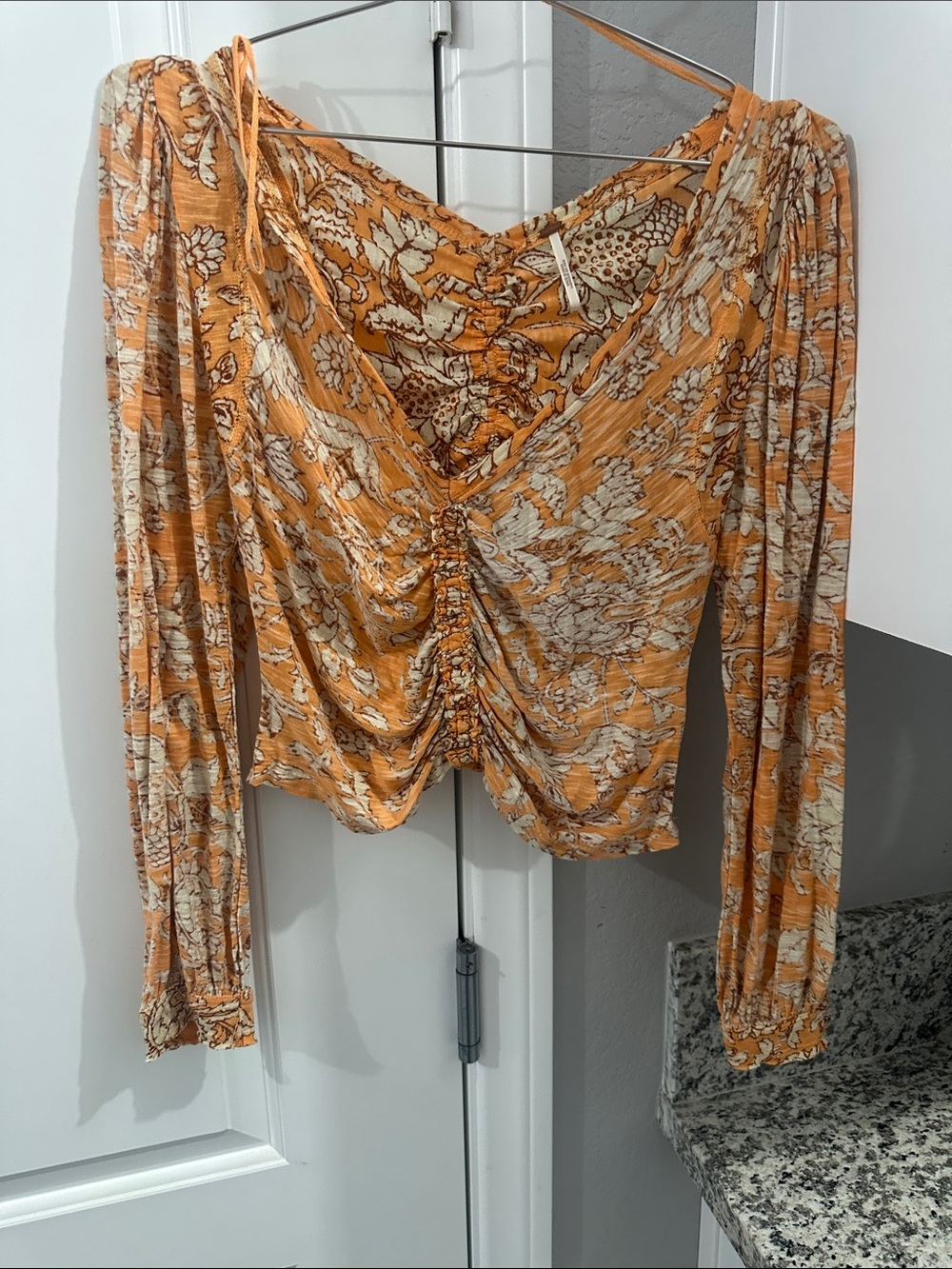 Free People Orange Floral Ruched V-Neck Long Sleeve Top